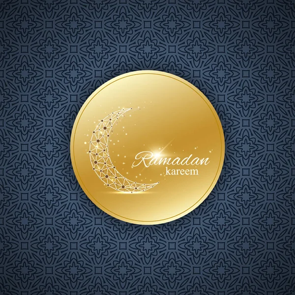 Ramadán Kareem texto saludos fondo. Luna dorada hecha de línea conectada y puntos.Fondo negro con decoración de mandala dorada. Celebración de Eid Mubarak. Ilustración vectorial . — Archivo Imágenes Vectoriales