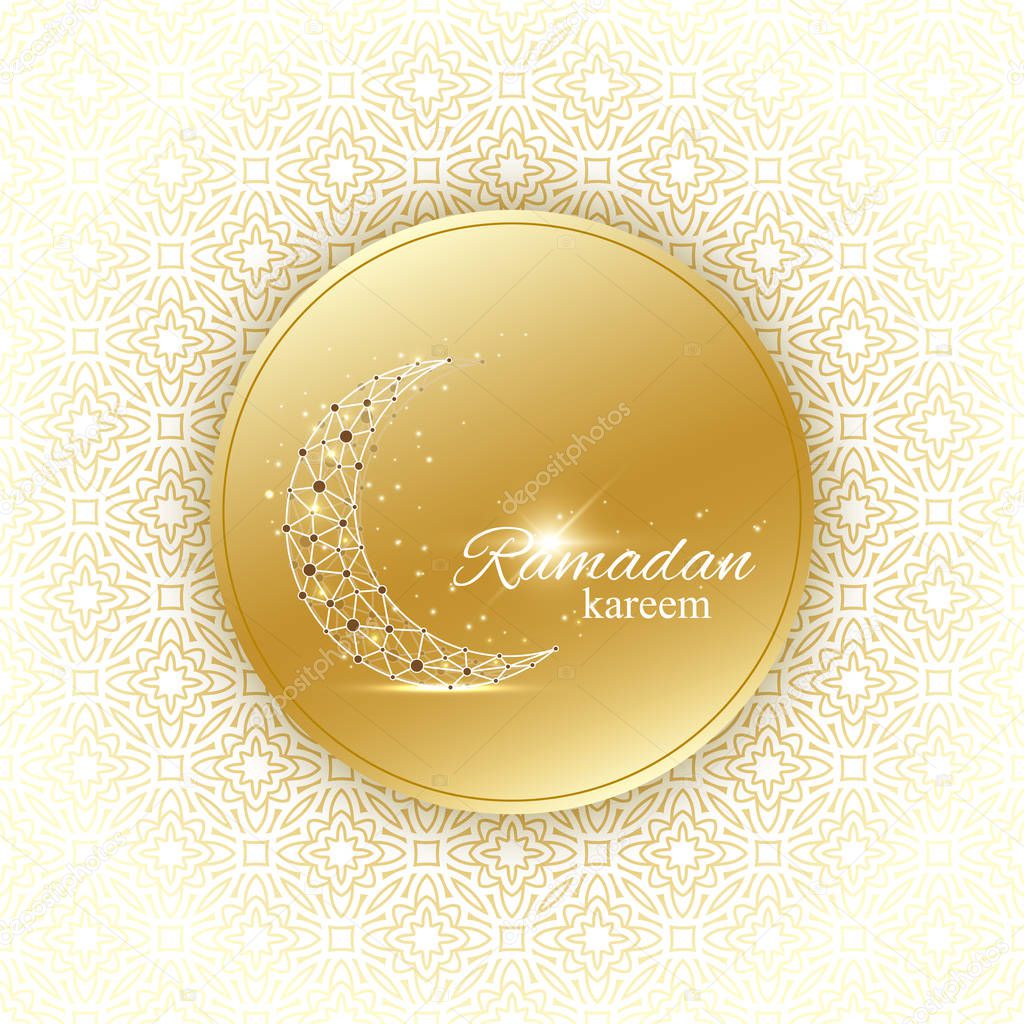 Ramadan Kareem text greetings background. Golden moon made from connected line and dots.Golden background with mandala decoration. Eid Mubarak celebration. Vector illustration.