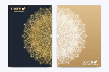 Broşür, broşür, broşür, broşür, kapak, dergi veya yıllık rapor için modern vektör şablonu. A4 beden. İş, bilim, tıp ve teknoloji tasarım kitabı düzeni. Altın mandala ile soyut sunum