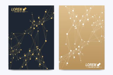 Vektör şablonu için broşür, broşür, el ilanı, ilan, kapak, katalog, afiş, dergi veya yıllık raporu. Geometrik arka plan molekül. Altın sibernetik noktalar iletişim. Satırları pleksus. Kart yüzeyi