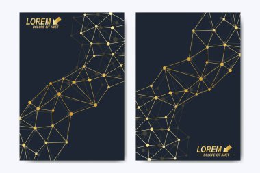Vektör şablonu için broşür, broşür, el ilanı, ilan, kapak, katalog, afiş, dergi veya yıllık raporu. Geometrik arka plan molekül. Altın sibernetik noktalar iletişim. Satırları pleksus. Kart yüzeyi