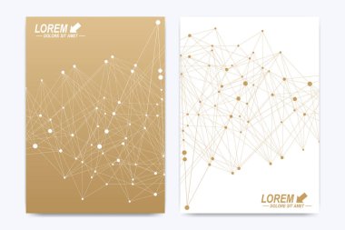 Vektör şablonu için broşür, broşür, el ilanı, ilan, kapak, katalog, afiş, dergi veya yıllık raporu. Geometrik arka plan molekül. Altın sibernetik noktalar iletişim. Satırları pleksus. Kart yüzeyi