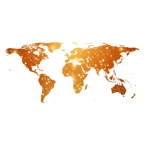 Gouden kaart van de wereld met wereldwijde technologische netwerken concept. Digitale data visualisatie. Wetenschappelijke cybernetische deeltje verbindingen. Grote datacommunicatie achtergrond. Vectorillustratie. — Stockvector