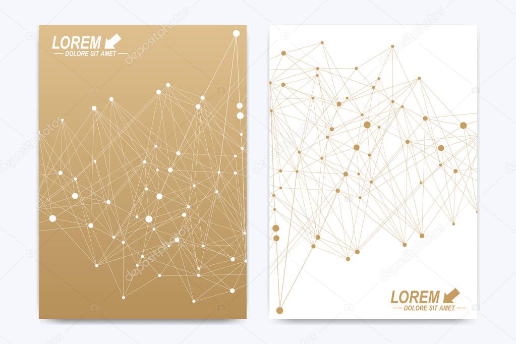 Vector template for brochure, Leaflet, flyer, advert, cover, catalog, poster, magazine or annual report. Geometric background molecule. Golden cybernetic dots communication.Lines plexus. Card surface