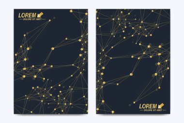 Modern vektör şablonu için broşür, broşür, el ilanı, ilan, kapak, katalog, dergi veya yıllık raporu. A4 boyutunda. İş, bilim, tıbbi tasarım. Altın sibernetik noktalar. Satırları pleksus. Kart yüzeyi.