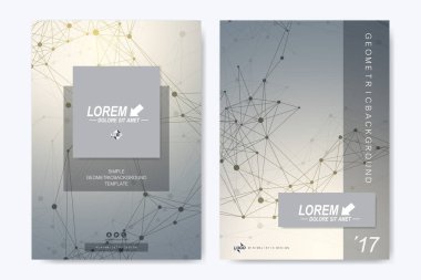 Broşür, broşür, broşür, ilan, kapak, katalog, dergi veya yıllık rapor için modern vektör şablonu. İş, bilim, tıbbi tasarım. Bilimsel sibernetik noktalar. Pleksus hattı. Kart yüzeyi.