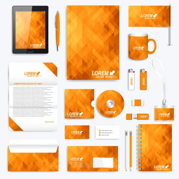 Orange set of vector corporate identity template. Modern stationery mock-up. Background with orange and yellow triangles. Business, science, medicine and technology design. Branding design. — Stock Vector