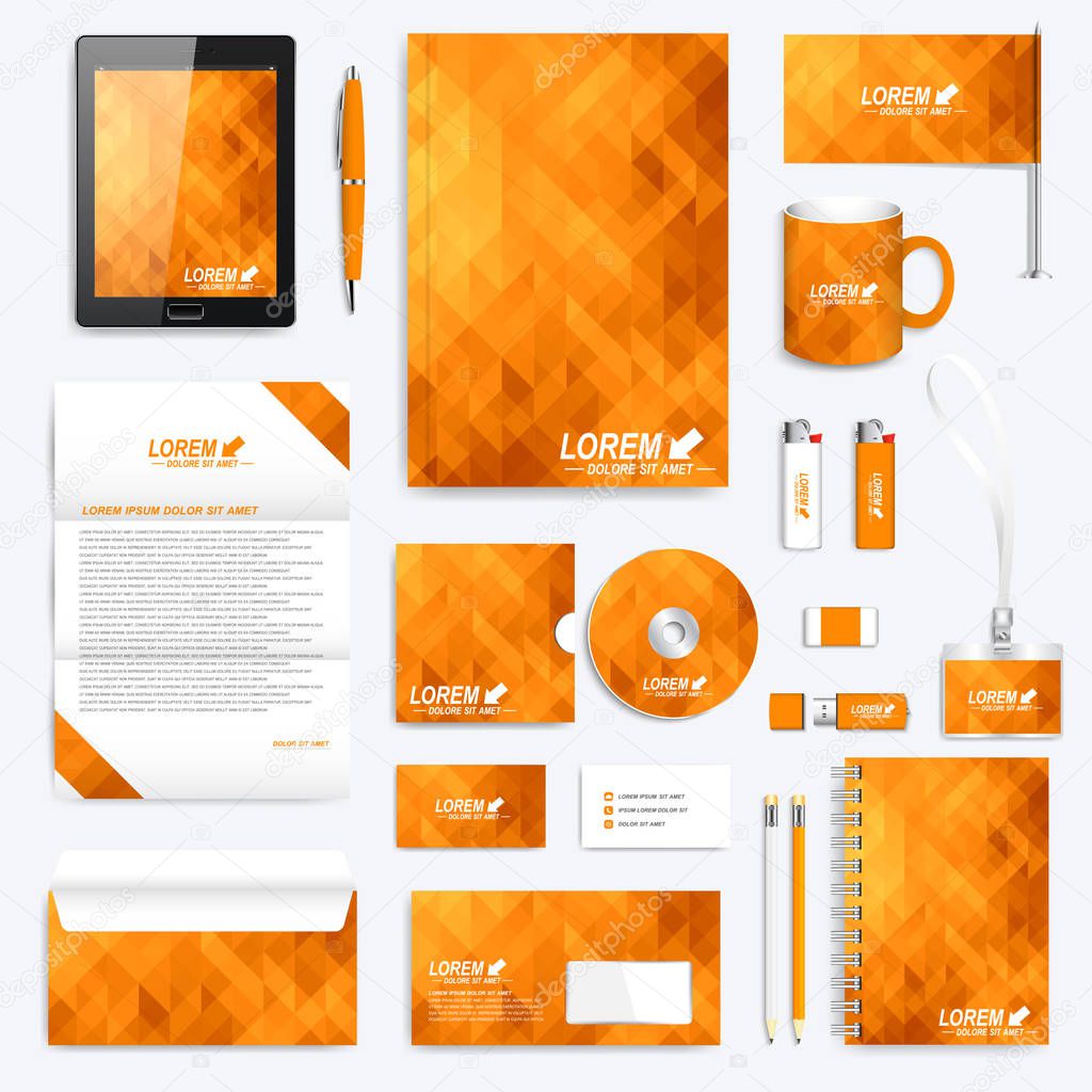 Orange set of vector corporate identity template. Modern stationery mock-up. Background with orange and yellow triangles. Business, science, medicine and technology design. Branding design.
