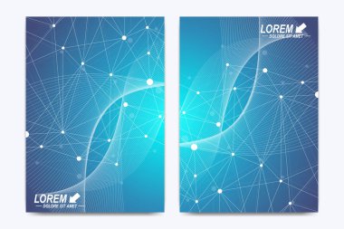 Broşür, broşür, broşür, ilan, kapak, katalog, dergi veya yıllık rapor için modern vektör şablonu. İş, bilim, tıbbi tasarım. Bilimsel sibernetik noktalar. Pleksus hattı. Kart yüzeyi