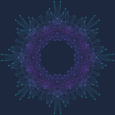 Fraktal öğeyle bağlantılı çizgi ve noktalar. Sanal arka plan iletişim veya parçacık bileşikler. Minimalist tarzı eşmerkezli daire. Dijital veri görselleştirme. Satırları pleksus. Vektör çizim
