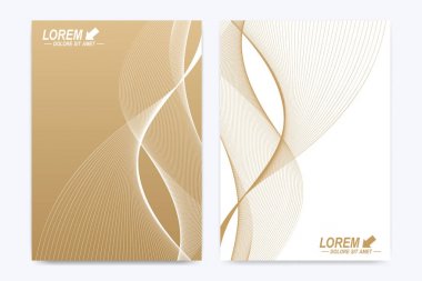 Broşür, broşür, el ilanı, kapak, katalog, dergi veya yıllık raporu A4 boyutunda modern vektör şablonu. İş, bilim ve teknoloji tasarım kitap düzeni. Altın dalgalar ile sunum.