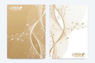 Broşür, broşür, el ilanı, kapak, katalog, dergi veya yıllık raporu A4 boyutunda modern vektör şablonu. İş, bilim ve teknoloji tasarım kitap düzeni. Altın dalgalar ile sunum.