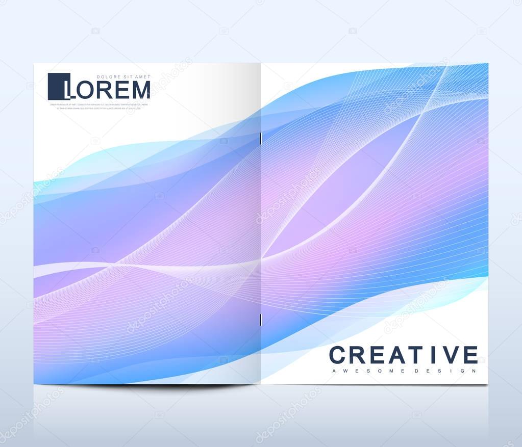 Modern vector template for bi fold brochure, leaflet, flyer, cover, catalog, magazine or annual report in A4 size. Colorful fluid waves with gradients. Futuristic trendy design