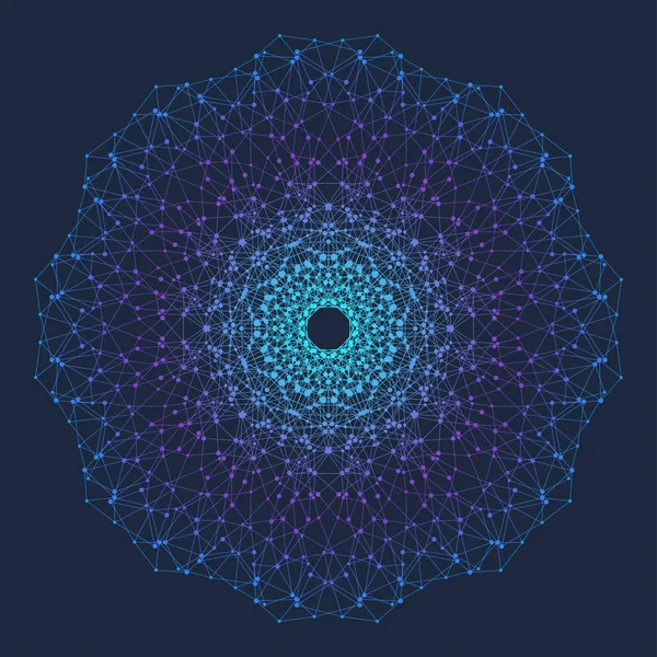 Fraktal öğeyle bağlantılı çizgi ve noktalar. Sanal arka plan iletişim veya parçacık bileşikler. Minimalist tarzı eşmerkezli daire. Dijital veri görselleştirme. Satırları pleksus. Vektör çizim