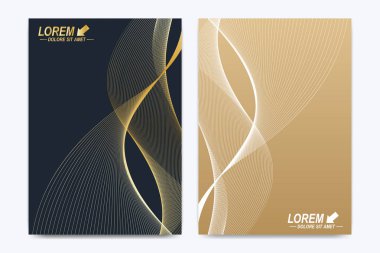 Broşür, broşür, el ilanı, kapak, katalog, dergi veya yıllık raporu A4 boyutunda modern vektör şablonu. İş, bilim ve teknoloji tasarım kitap düzeni. Altın dalgalar ile sunum.