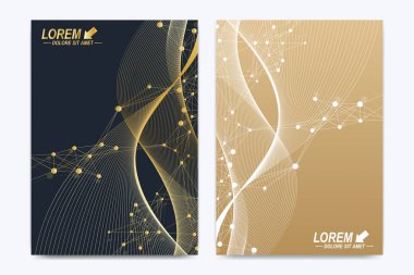 Broşür, broşür, el ilanı, kapak, katalog, dergi veya yıllık raporu A4 boyutunda modern vektör şablonu. İş, bilim ve teknoloji tasarım kitap düzeni. Altın dalgalar ile sunum.
