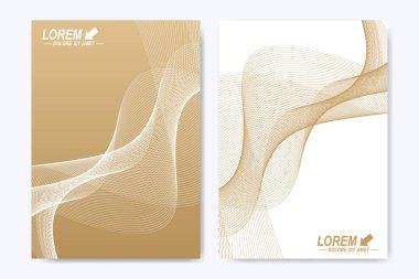 Broşür, broşür, el ilanı, kapak, katalog, dergi veya yıllık raporu A4 boyutunda modern vektör şablonu. İş, bilim ve teknoloji tasarım kitap düzeni. Altın dalgalar ile sunum.