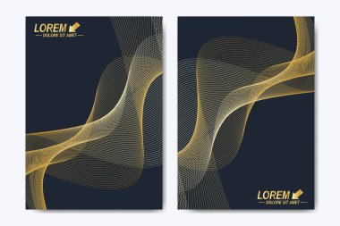 Broşür, broşür, el ilanı, kapak, katalog, dergi veya yıllık raporu A4 boyutunda modern vektör şablonu. İş, bilim ve teknoloji tasarım kitap düzeni. Altın dalgalar ile sunum.