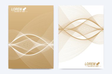 Broşür, broşür, el ilanı, kapak, katalog, dergi veya yıllık raporu A4 boyutunda modern vektör şablonu. İş, bilim ve teknoloji tasarım kitap düzeni. Altın dalgalar ile sunum.
