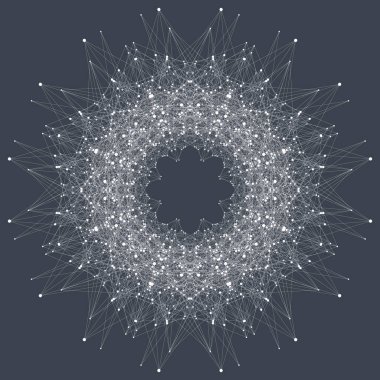 Fraktal öğeyle bağlantılı çizgi ve noktalar. Sanal arka plan iletişim veya parçacık bileşikler. Genel ağ bağlantısı. Dijital veri görselleştirme. Vektör çizim.