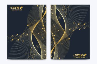 Broşür, broşür, el ilanı, kapak, katalog, dergi veya yıllık raporu A4 boyutunda modern vektör şablonu. İş, bilim ve teknoloji tasarım kitap düzeni. Altın dalgalar ile sunum.