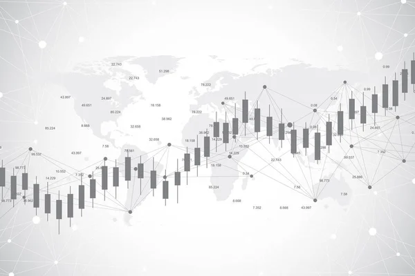 비즈니스 세계 지도 배경 디자인에 무역 하는 주식 시장 투자의 캔 들 스틱 그래프 차트. 주식 시장 차트입니다. 낙관적인 포인트, 그래프의 추세입니다. 벡터 일러스트 레이 션. — 스톡 벡터