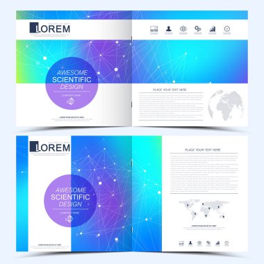 Modern vektör kare broşür, broşür, el ilanı, kapak, katalog, dergi, yıllık rapor şablonu. İş, bilim ve teknoloji tasarım kitap düzeni. Grafik arka plan molekül ve iletişim.