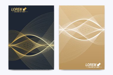 Broşür, broşür, el ilanı, kapak, katalog, dergi veya yıllık raporu A4 boyutunda modern vektör şablonu. İş, bilim ve teknoloji tasarım kitap düzeni. Altın dalgalar ile sunum.