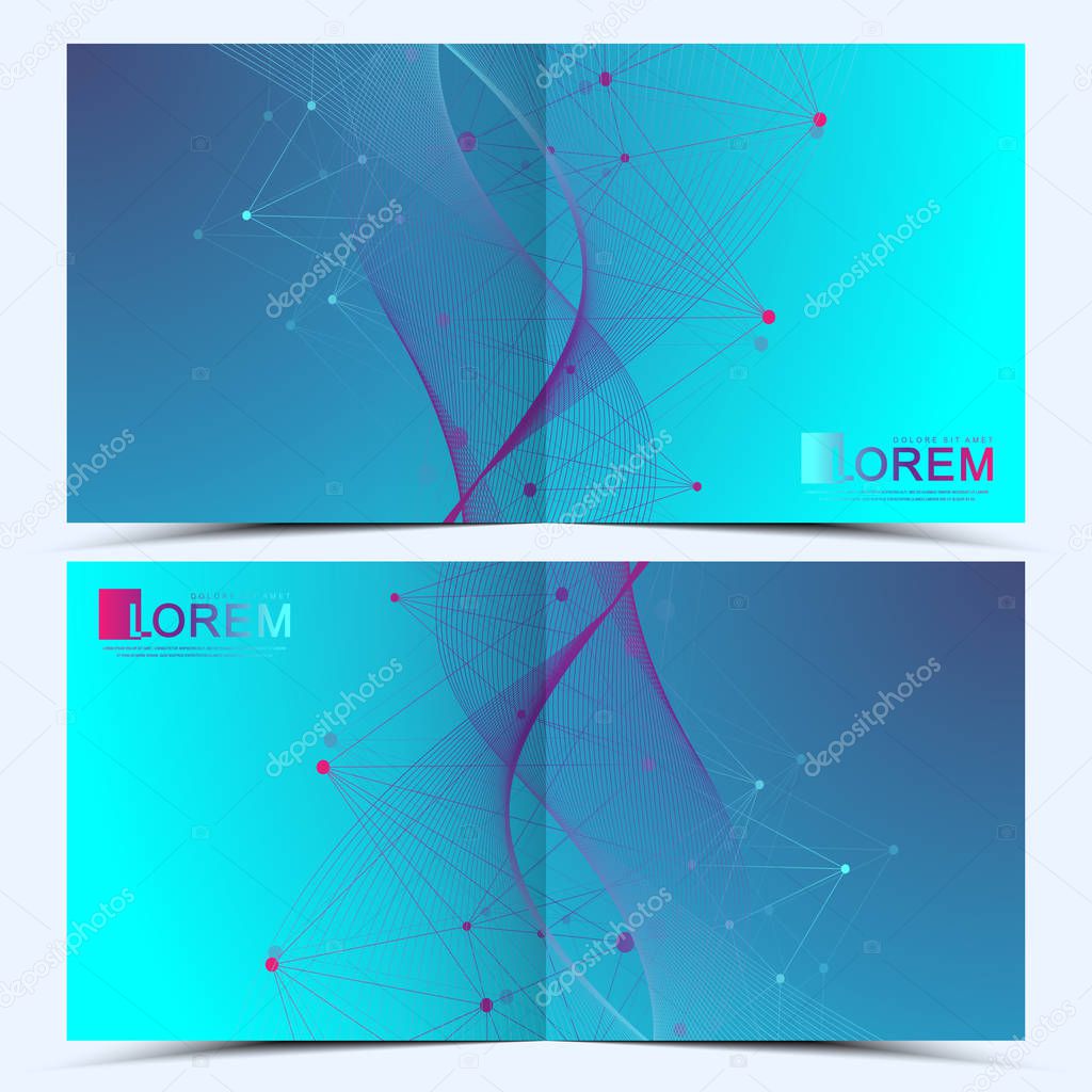 Modern vector template for square brochure, leaflet, flyer, cover, catalog, magazine, annual report. Business, science and technology design book layout. Graphic background molecule and communication.