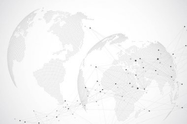 Küresel ağ Dünya Haritası ile. Soyut vektör sonsuz boşluk arka plan. Perspektif zemin. Dijital veri görselleştirme. Vektör çizim.