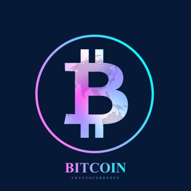 Bitcoin. Fiziksel bit sikke. Bitcoin dijital para sikke hasar dünya finans sistemi. Cryptocurrency. Sanal para. Dünya harita noktası arka plan. Vektör çizim.