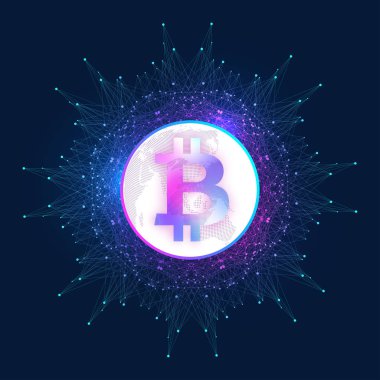 Bitcoin. Fiziksel bit sikke. Bitcoin dijital para sikke hasar dünya finans sistemi. Cryptocurrency. Sanal para. Dünya harita noktası arka plan. Vektör çizim.
