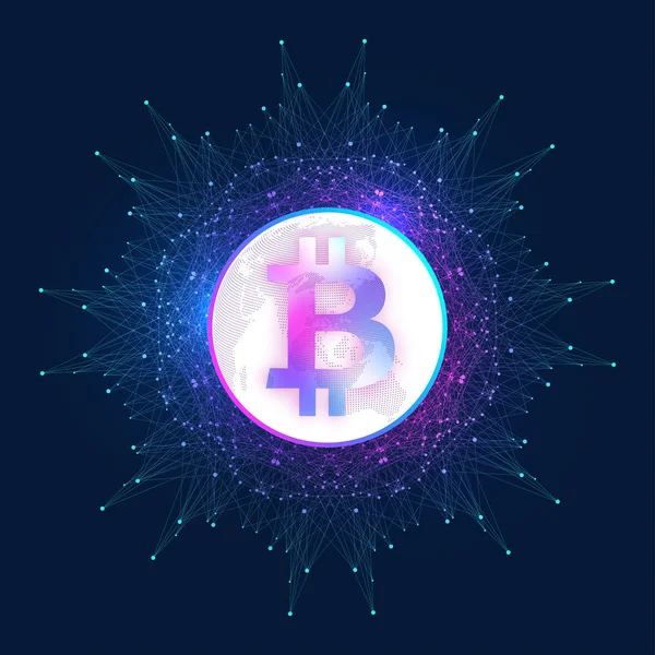 Bitcoin. Una moneda física. Bitcoin moneda digital moneda daño sistema financiero mundial. Criptomoneda. Dinero virtual. Mapa del mundo punto de fondo. Ilustración vectorial . — Archivo Imágenes Vectoriales