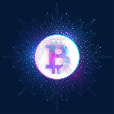 Bitcoin. Fiziksel bit sikke. Bitcoin dijital para sikke hasar dünya finans sistemi. Cryptocurrency. Sanal para. Dünya harita noktası arka plan. Vektör çizim.