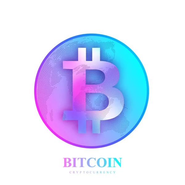 Bitcoin. Una moneda física. Bitcoin moneda digital moneda daño sistema financiero mundial. Criptomoneda. Dinero virtual. Mapa del mundo punto de fondo. Ilustración vectorial . — Archivo Imágenes Vectoriales