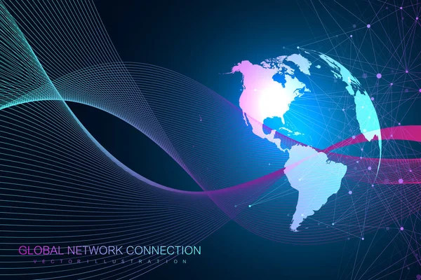 World map point with global technology networking concept. Digital data visualization. Lines plexus. Big Data background communication. Scientific vector illustration. — Stock Vector