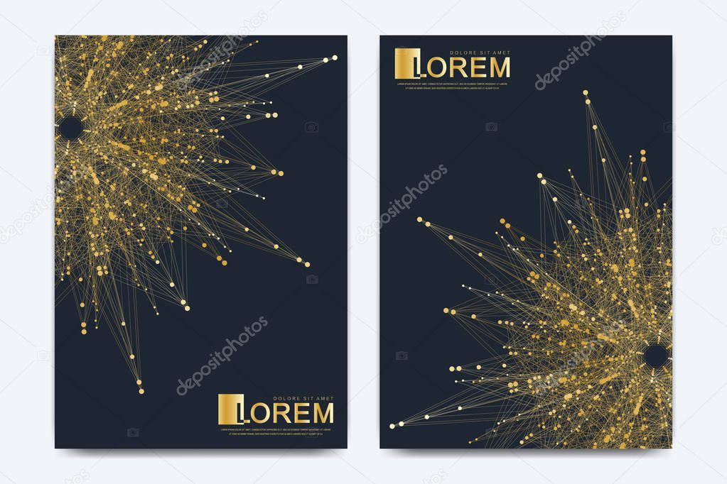 Modern vector template for brochure Leaflet flyer advert cover catalog magazine or annual report. Golden layout in A4 size. Business, science and technology design. Presentation with golden mandala.