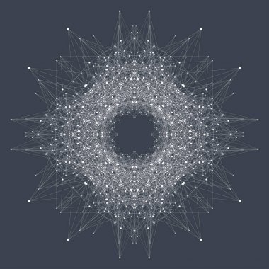 Fraktal öğeyle bağlantılı çizgi ve noktalar. Sanal arka plan iletişim veya parçacık bileşikler. Genel ağ bağlantısı. Dijital veri görselleştirme. Vektör çizim.