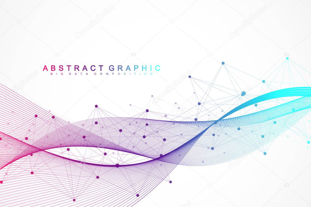 Geometric abstract background with connected lines and dots. Wave flow. Molecule and communication background. Graphic background for your design. Vector illustration.