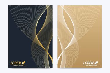 Broşür, broşür, el ilanı, kapak, katalog, dergi veya yıllık raporu A4 boyutunda modern vektör şablonu. İş, bilim ve teknoloji tasarım kitap düzeni. Altın dalgalar ile sunum.