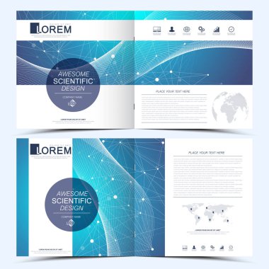 Modern vektör kare broşür, broşür, el ilanı, kapak, katalog, dergi, yıllık rapor şablonu. İş, bilim ve teknoloji tasarım kitap düzeni. Grafik arka plan molekül ve iletişim.