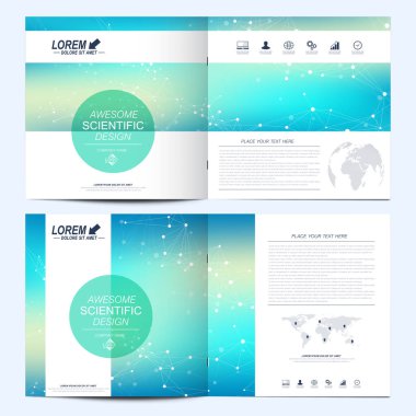 Modern vektör kare broşür, broşür, el ilanı, kapak, katalog, dergi, yıllık rapor şablonu. İş, bilim ve teknoloji tasarım kitap düzeni. Grafik arka plan molekül ve iletişim.