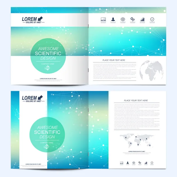 Modern vektör kare broşür, broşür, el ilanı, kapak, katalog, dergi, yıllık rapor şablonu. İş, bilim ve teknoloji tasarım kitap düzeni. Grafik arka plan molekül ve iletişim.