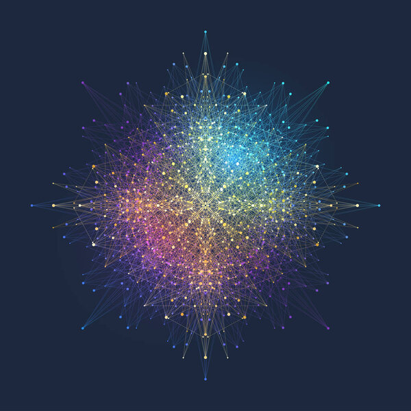 Fractal element with connected lines and dots. Big data complex. Virtual background communication or particle compounds. Digital data visualization, minimal array. Lines plexus. Vector illustration.