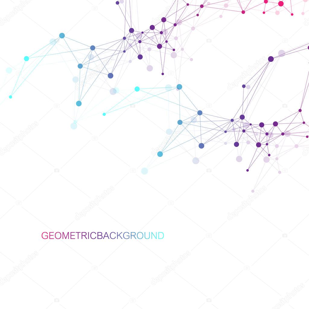 Geometric graphic background molecule and communication. Big data complex with compounds. Perspective backdrop. Minimal array. Digital data visualization. Scientific cybernetic vector illustration.