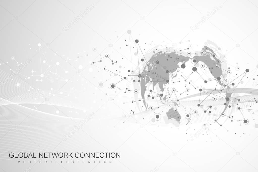 World map point with global technology networking concept. Digital data visualization. Lines plexus. Big Data background communication. Scientific vector illustration.