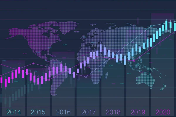 Gráfico de barra de vela de negocios gráfico de comercio de inversión bursátil con mapa mundial. Bolsa y bolsa. Datos bursátiles. Tendencia del gráfico. Ilustración vectorial para su diseño — Vector de stock