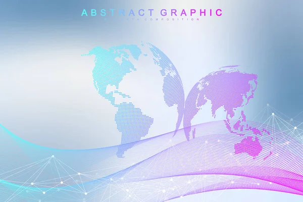 Resumen de la computación en nube de fondo y el concepto de redes con globos de tierra. Conexiones digitales globales con puntos y líneas. Complejo de visualización de macrodatos con compuestos. Ilustración vectorial — Vector de stock