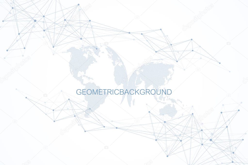 Abstract cloud computing background and networks concept with earth globes. Global digital connections with dotted and lines. Big data visualization complex with compounds. Vector illustration
