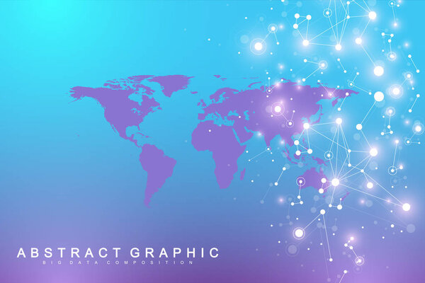Political World Map with global technology networking concept. Digital data visualization. Scientific cybernetic particle compounds. Big Data background communication. Vector illustration.